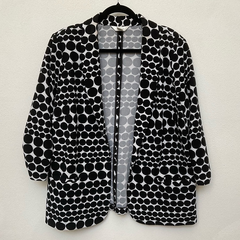 CJ Banks Black, White Polka Dot Ruched Sleeve Open Blazer Size 1X Retro Basic